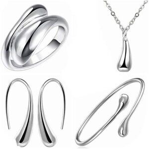 Syhonic 925 Silver Jewelry Set for Women, Teardrop Necklace + Earring + Ring +